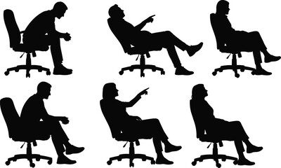 Office chair silhouettes, seated postures, workplace gestures, black vector art, body language, ergonomic concept, professional setting, illustration, design element
