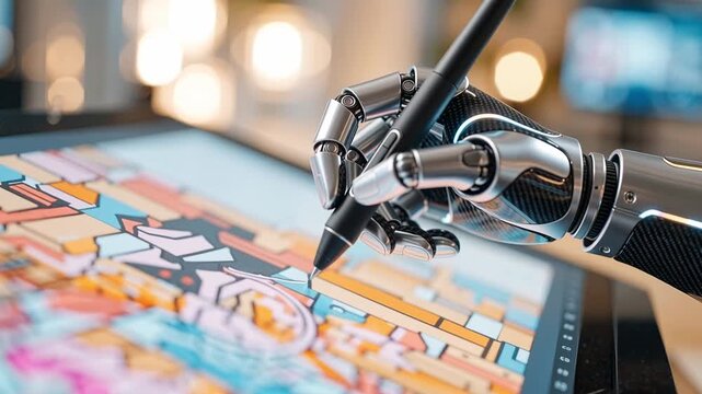 advanced robotic hand using a stylus to create colorful digital artwork on a tablet, illustrating futuristic creativity, ai design, and modern technology