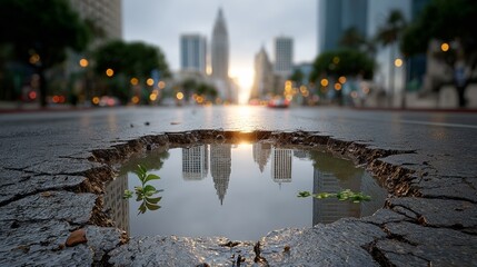A city street with a large pothole in the middle. The puddle of water in the hole reflects the city skyline