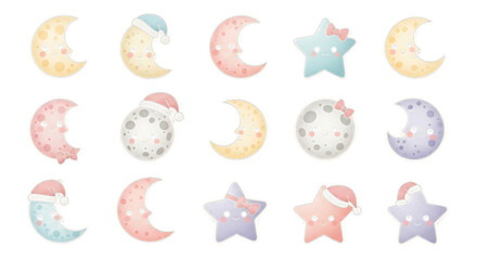 Collection of sixteen cute kawaii moon and star faces, with pastel colors, isolated on transparent background. PNG