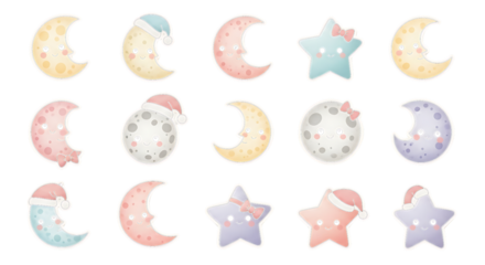 Collection of sixteen cute kawaii moon and star faces, with pastel colors, isolated on transparent background. PNG