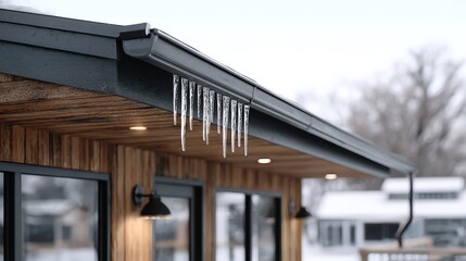 A house with icicles hanging from the roof. The icicles are large and numerous, creating a sense of coldness and winter