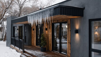 A house with a dark exterior and icicles hanging from the roof. The icicles are long and appear to be made of ice. The house is located in a snowy area, which is likely the reason for the icicles