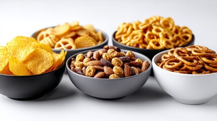 Obraz premium A row of bowls filled with different types of snacks. The bowls are arranged in a row, with the first bowl on the left and the last bowl on the right. The snacks include chips, nuts, and pretzels