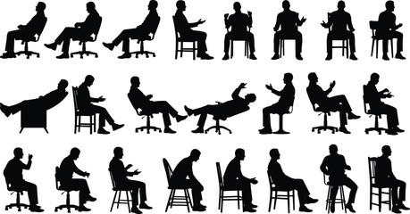 Seated person silhouettes, chair poses, expressive gestures, office and lounge seating, black vector art, posture variation, illustration, concept, design