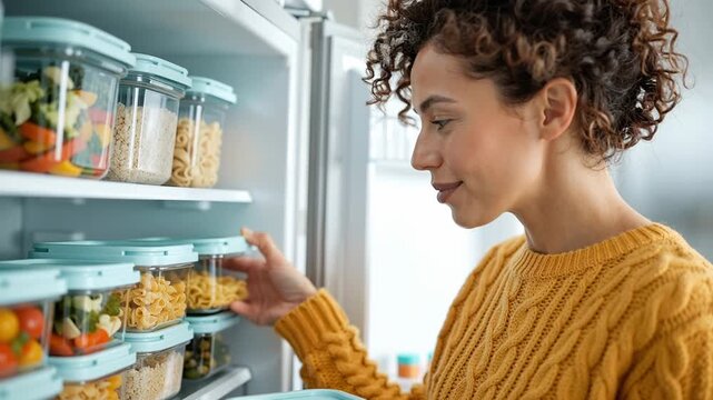 a woman placing a sealed food containers on a refrigerator shelf, surrounded by neatly arranged meal prep containers filled with vegetables and cooked meals