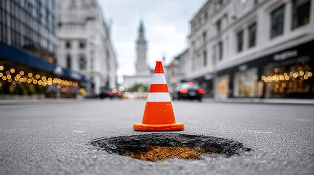 A large orange cone is sitting in the middle of a road. The cone is placed in the middle of a hole in the road, which is a dangerous situation for drivers