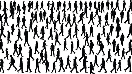 Walking crowd silhouettes, diverse human motion, black vector art, pedestrian movement, urban activity, posture variation, design element, illustration, concept