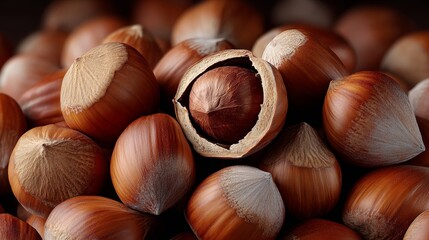 A pile of nuts with one nut missing. The nuts are brown and appear to be almonds. Concept of abundance and variety, as there are many different types of nuts in the pile
