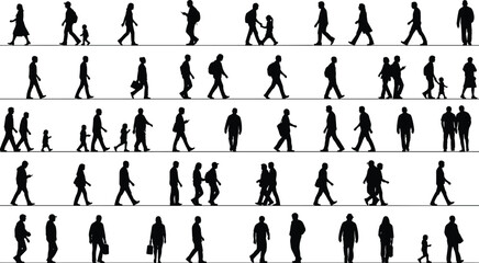 Walking silhouettes, diverse postures, adult and child figures, black vector art, pedestrian motion, urban activity, gesture variation, illustration, concept