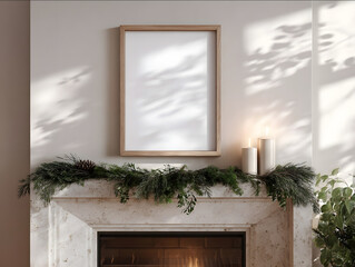 closeup of an A3 thin oak wooden frame with an empty white poster centered above a light stone fireplace mantel minimal Christmas decor pine garland and two candles so