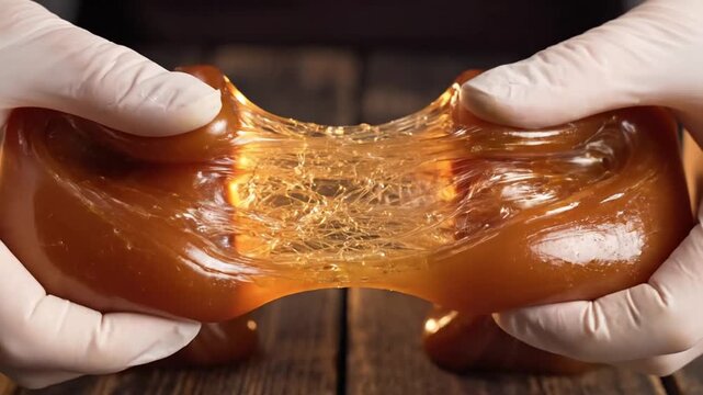 Hands in white gloves stretching brown slime on wooden surface creating