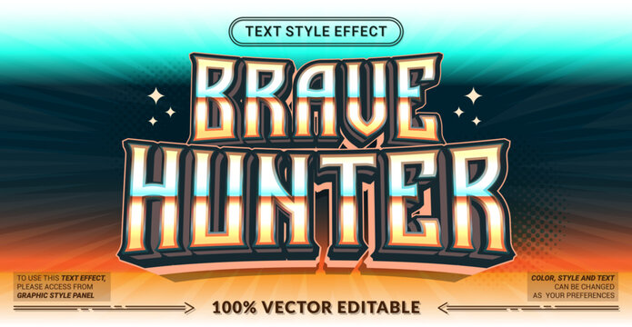 Editable text effect vector &ldquo;Brave Hunter&rdquo; featuring bold 3D lettering with a charismatic game and superhero style, expressing power, bravery, and heroic action.