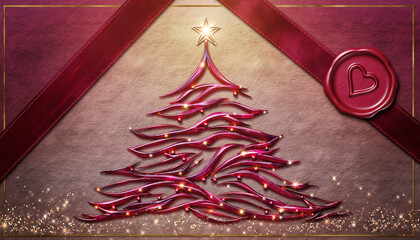 Karta świąteczna z symbolem świąt w postaci choinki bożonarodzeniowej, gwiazdy betlejemskiej, bombek i prezentów świątecznych.