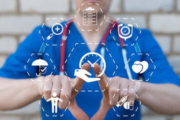 Doctor using virtual touch screen sees icon of clock symbolizing concept: patient attendance and punctuality. Punctuality Attendance Health Care Patient Doctor Nurse Concept.