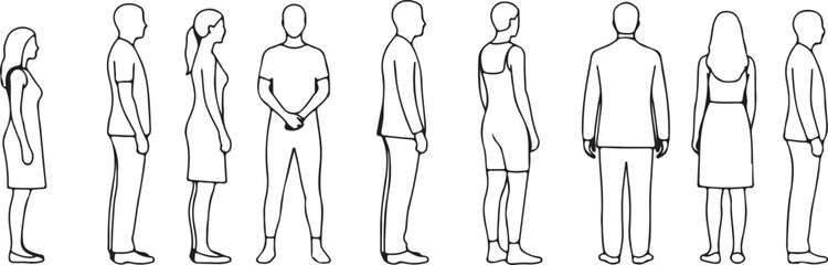 People in different poses, Front view, Side view, Back view, Outline Multi-View Human Figure Vector Line Art CAD Design