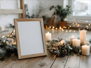 low angle closeup of an A2 oak thin wooden frame with a blank white poster leaning against a white wall surrounded by Christmas decor on the floor candles pine branche