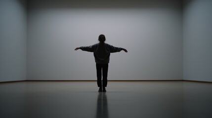 A figure stands in an empty space, centered in the frame, conveying a sense of balance and stability.