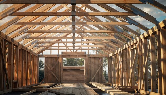 Unfinished wooden house frame under construction with exposed beams, rafters, and studs illuminated by warm, hazy sunlight creating a hopeful and atmospheric building scene