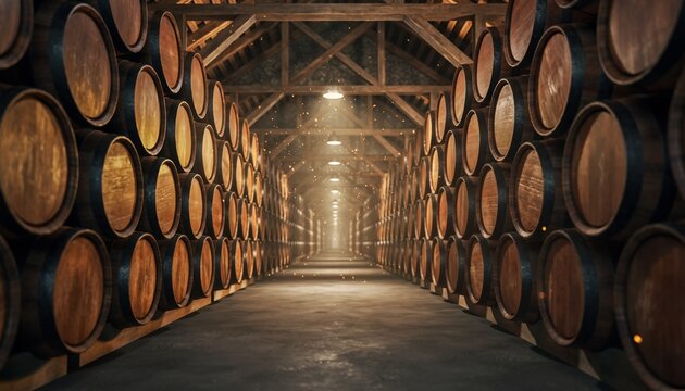 Wooden oak barrels for aging spirits are stacked in a long, atmospheric distillery cellar with warm lights and floating dust particles creating a vintage mood