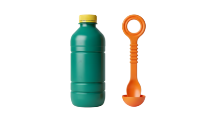 Green plastic bottle with yellow cap and orange bubble wand toy isolated on a transparent background