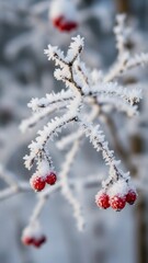 Rime frost covers branches with red berries, creating a beautiful winter scene. Natural phenomenon for seasonal holiday greeting card.