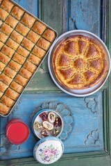 Ramadan Iftar Table Background, Traditional Ramadan Ottoman Cuisine Desserts, Turkish Pita, Turkish Delight and Baklava Photo, Üsküdar Istanbul, Turkiye (Turkey)