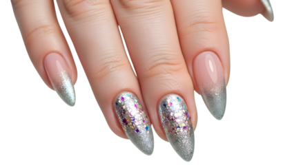 Hand with long stiletto nails featuring silver glitter polish isolated on a transparent background nail polish