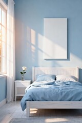 interior of a bedroom in light blue with blank canvas