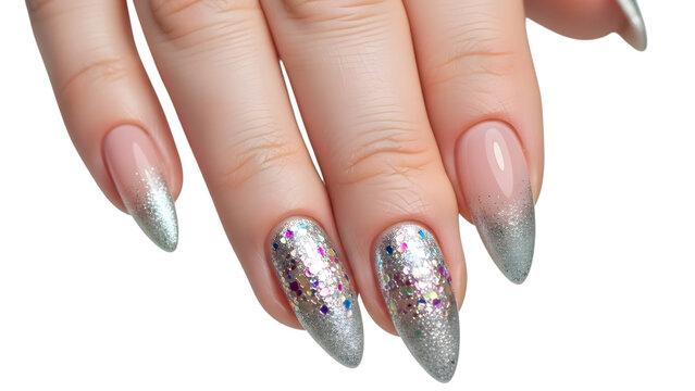 Hand with long stiletto nails featuring silver glitter polish isolated on a transparent background nail polish
