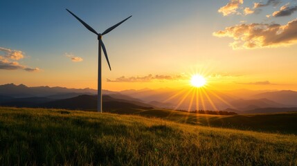 Obraz premium Harnessing renewable energy wind turbine at sunset in mountainous landscape nature photography scenic environment captured viewpoint