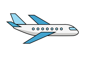 Airplane vector illustration isolated on white background. Plane side view in flat style. Passenger airplane with blue wings and windows. Commercial aircraft for travel and aviation design.