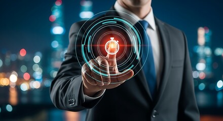 Businessman Interacting with Futuristic Digital Interface in Cityscape at Night.