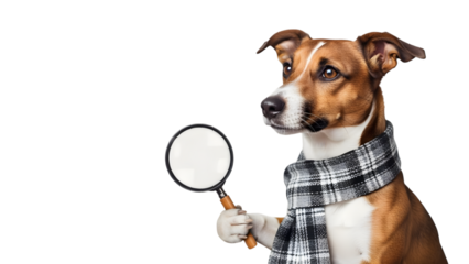 Jack Russell Terrier wearing plaid scarf holding magnifying glass in paw isolated on a transparent background