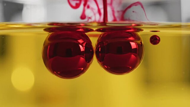 Red bubbles floating in yellow liquid with abstract swirls of color