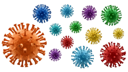 Multicolored spike protein virus particles in various sizes and colors isolated on a transparent background