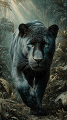Beautiful black panther walking silently in the tropical forest