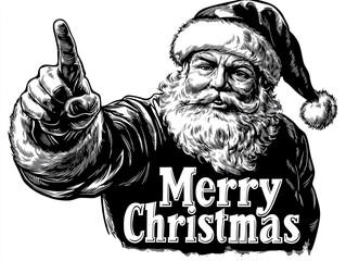 Czarno-biała ilustracja Mikołaja wskazującego palcem, z napisem Merry Christmas. Dynamiczny, grawerowany styl idealny na męskie kartki lub plakaty.