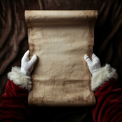 Ręce Mikołaja w białych rękawiczkach trzymające stary, rozwinięty zw&oacute;j pergaminu. Idealne tło na listę grzecznych dzieci lub tradycyjne świąteczne orędzie.