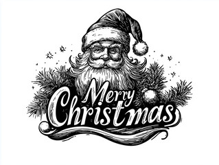 Elegancka, czarno-biała ilustracja Mikołaja z napisem Merry Christmas. Klasyczny styl retro z motywem igliwia i bombek, idealny na świąteczny plakat.