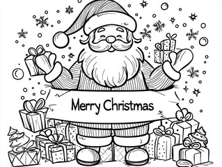Wesoła kolorowanka z Mikołajem trzymającym transparent Merry Christmas w otoczeniu prezent&oacute;w. Idealna grafika do świątecznych zabaw dla dzieci.