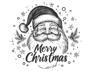 Czarno-biała ilustracja uśmiechniętego Mikołaja z napisem Merry Christmas. Klasyczny, świąteczny styl retro z motywem płatk&oacute;w śniegu i gałązek jodły.