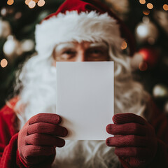 Święty Mikołaj trzymający pustą białą kartkę przed twarzą na tle choinki. Idealny szablon na życzenia świąteczne, ogłoszenie lub radosną wiadomość od Mikołaja.