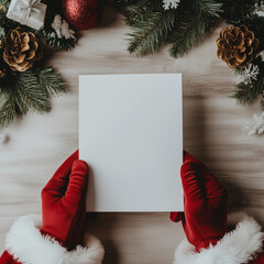 Świąteczne ręce Mikołaja trzymające czystą białą kartkę na drewnianym tle z igliwiem i szyszkami. Idealne miejsce na Twoje życzenia lub bożonarodzeniowe menu!
