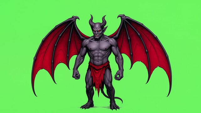 Gray-skinned devil with horns moves its large red wings in a seamless loop. Lockdown shot on a green screen for chroma key.