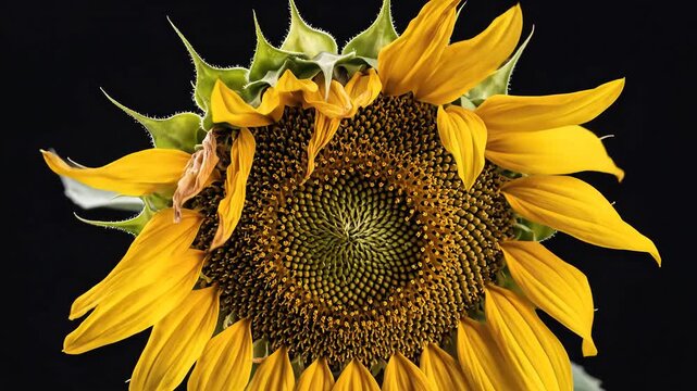 Timelapse of a vibrant sunflower blooming against a dark background showcasing its intricate details and natural beauty.