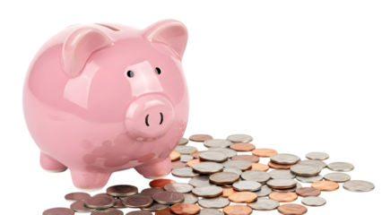 Pink piggy bank with coins on black surface isolated on a transparent background money savings