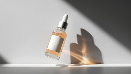 A clear glass skincare serum bottle with a dropper lid, showcased on a white surface with a warm light casting a leaf shadow, highlighting the product's texture and design. Perfect for
