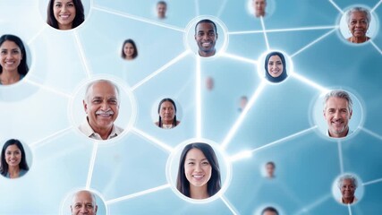 Seamless loop animation of interconnected professionals. Digital network visualization with diverse team members linked through communication pathways on blue background. - Powered by Adobe