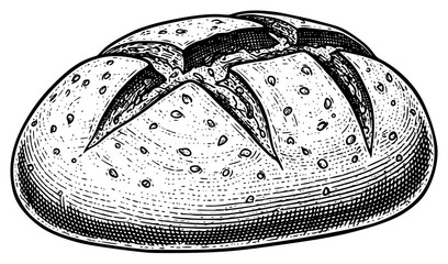 a black and white drawing of a loaf of bread, black, bread, drawing, illustration, loaf, picture, show, strawberry, against transparent background